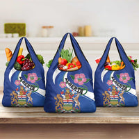 Set of blue grocery tote bags with Alberta crest, flowers, and white curved stripe detail