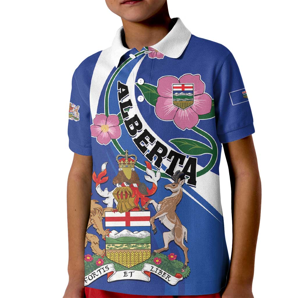 Personalized Canada Alberta Province Kid Polo Shirt Wild Rose Fortis et liber