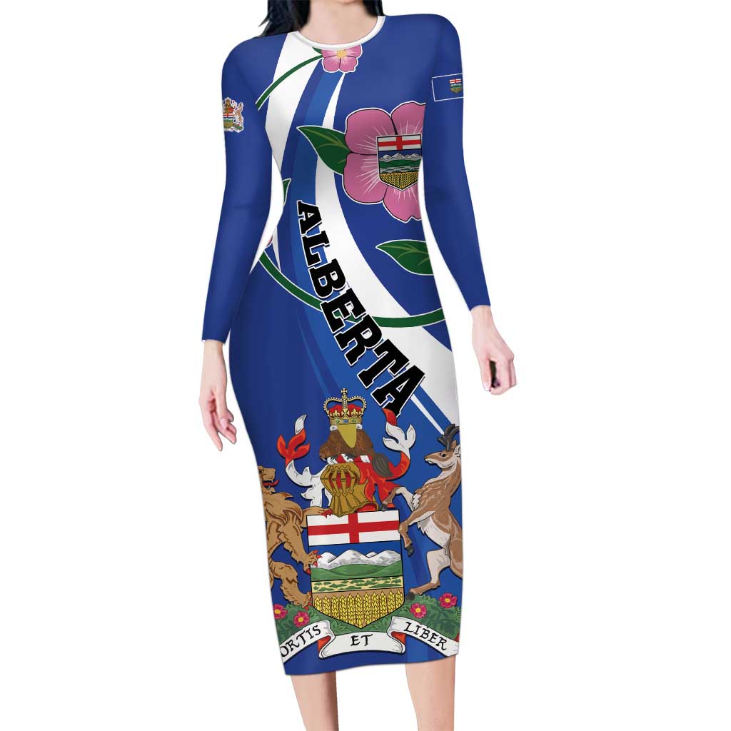 Personalized Canada Alberta Province Long Sleeve Bodycon Dress Wild Rose Fortis et liber