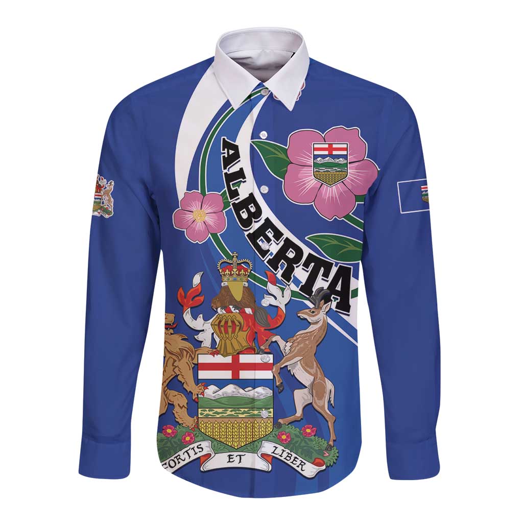 Personalized Canada Alberta Province Long Sleeve Button Shirt Wild Rose Fortis et liber