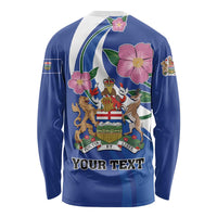 Blue long-sleeve shirt with Alberta crest and wild rose graphic, back with 'YOUR TEXT'