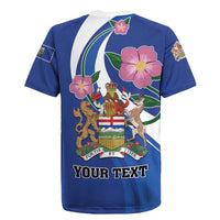 Blue rugby jersey back view with large crest and “YOUR TEXT” graphic
