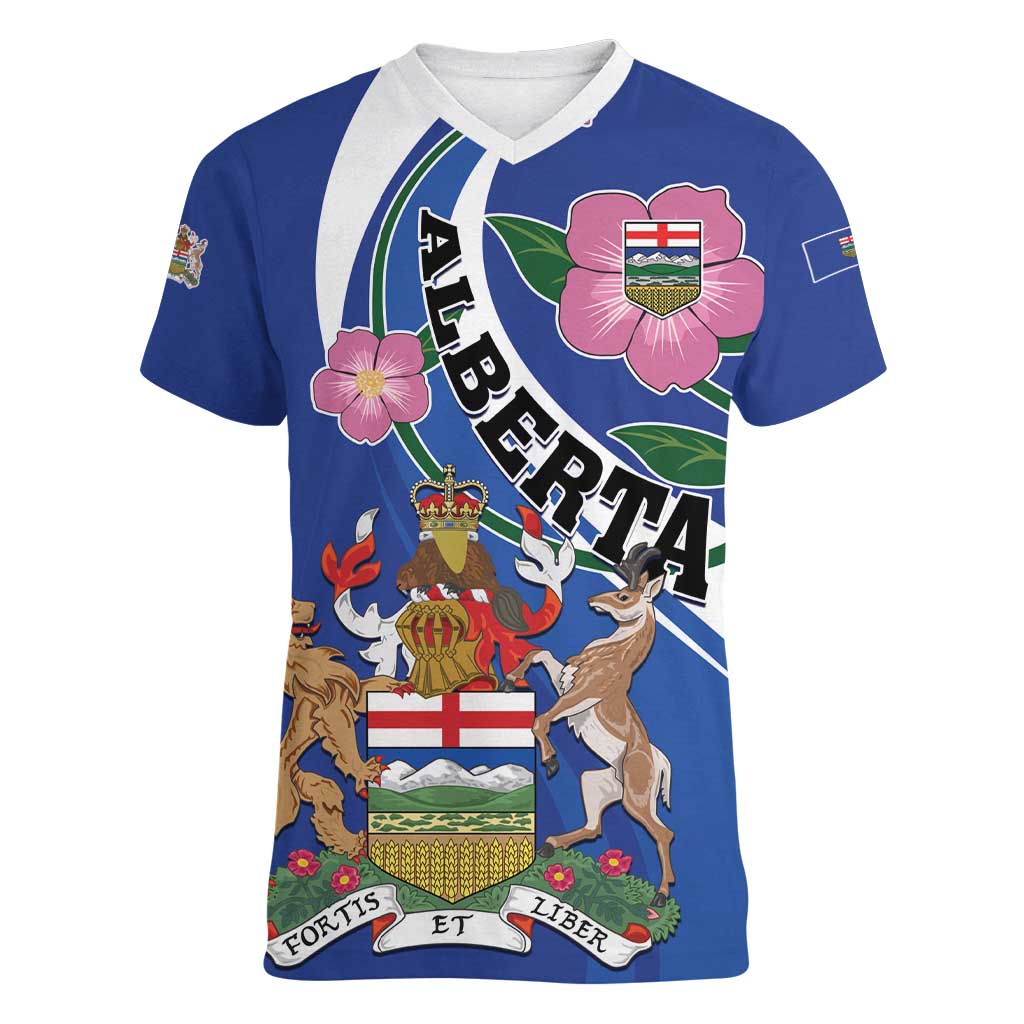 Personalized Canada Alberta Province Women V-Neck T-Shirt Wild Rose Fortis et liber