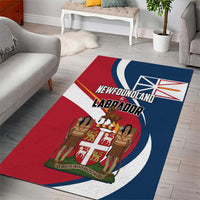 Red and blue Newfoundland and Labrador themed area rug with text and circular emblem