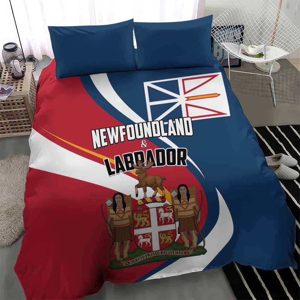 Blue and red Newfoundland and Labrador bedding set with two matching pillows on bed