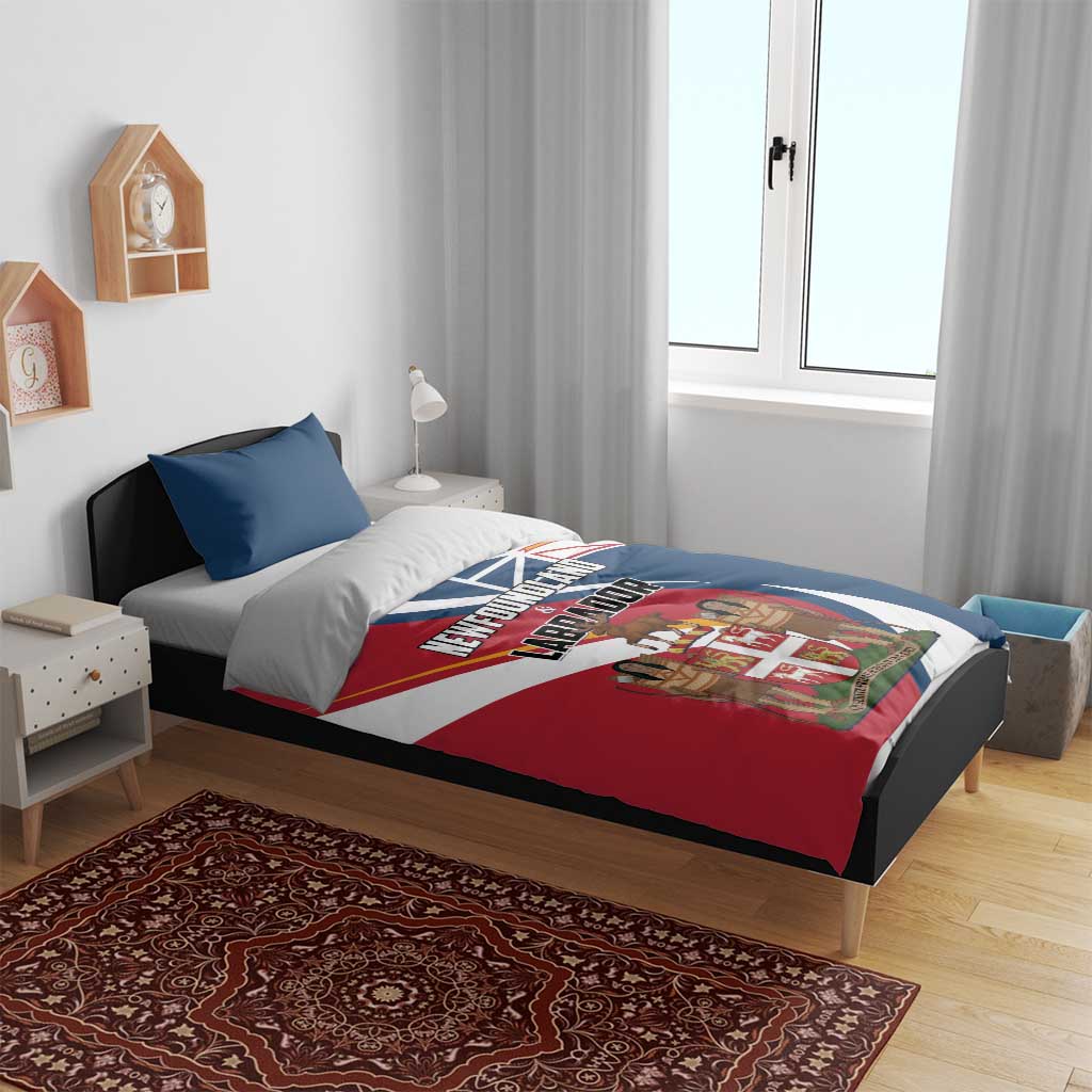 Newfoundland and Labrador themed bedding set on bed with blue and red duvet cover