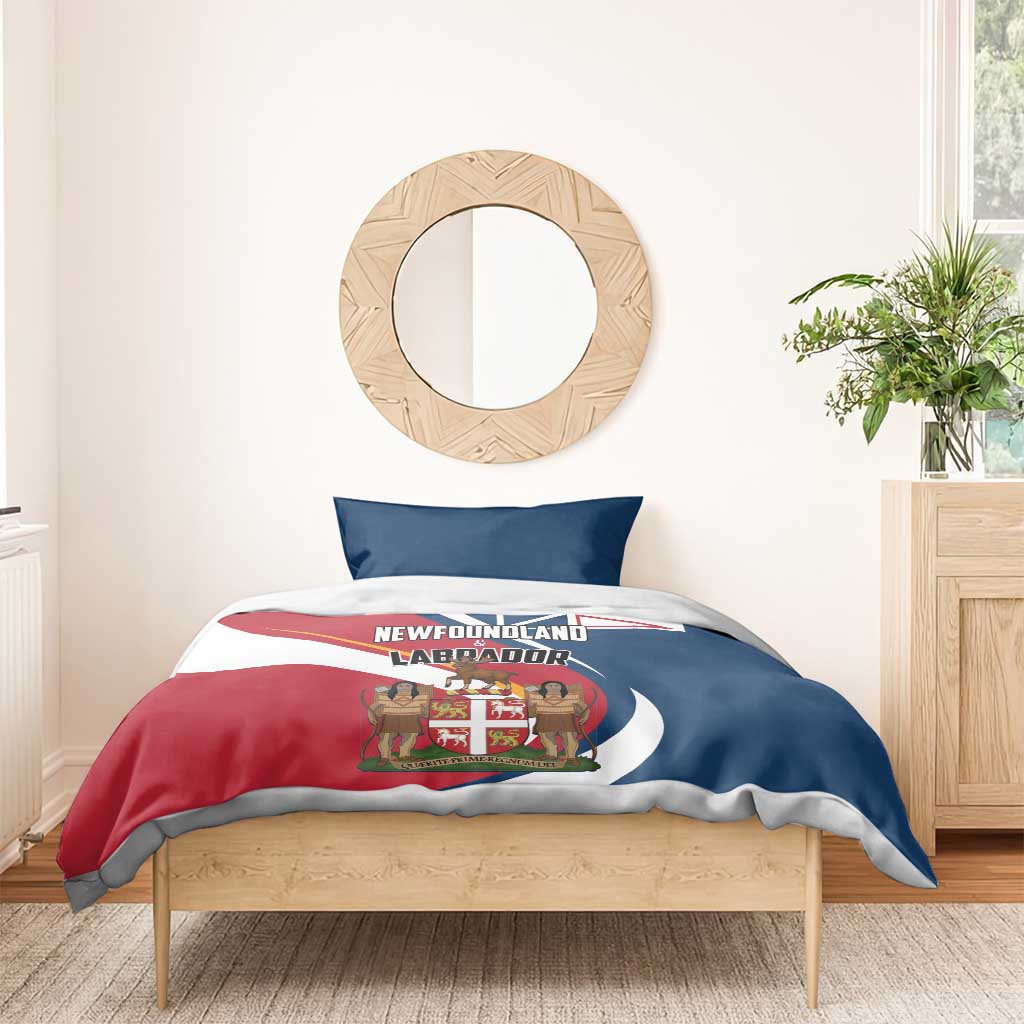 Blue and red Newfoundland and Labrador bedding set with two pillowcases and crest graphic