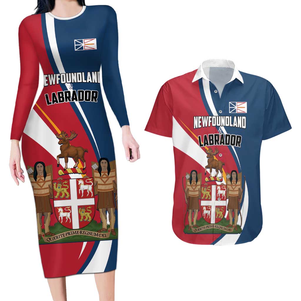 Personalized Canada Newfoundland and Labrador Province Couples Matching Long Sleeve Bodycon Dress and Hawaiian Shirt Quaerite prime regnum Dei