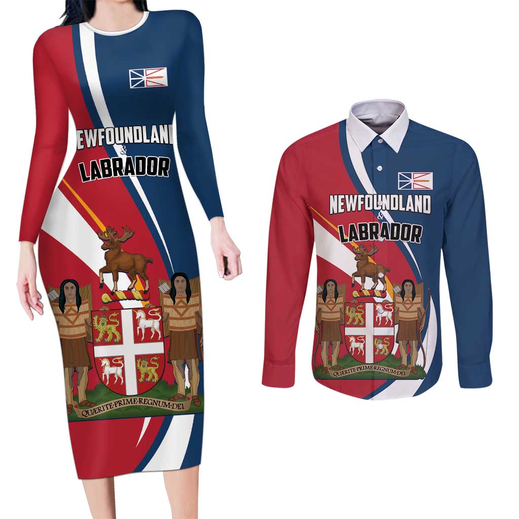 Personalized Canada Newfoundland and Labrador Province Couples Matching Long Sleeve Bodycon Dress and Long Sleeve Button Shirt Quaerite prime regnum Dei