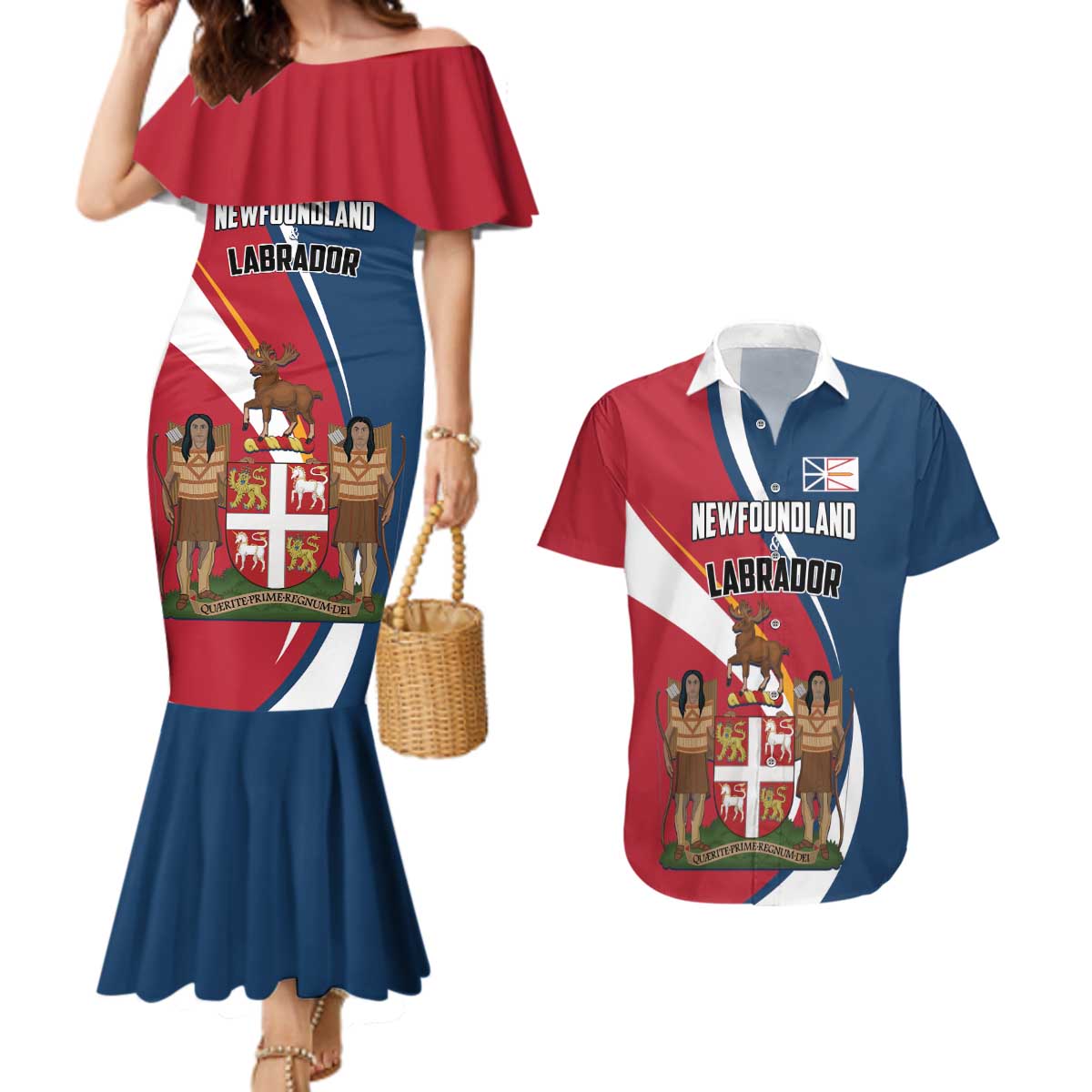 Personalized Canada Newfoundland and Labrador Province Couples Matching Mermaid Dress and Hawaiian Shirt Quaerite prime regnum Dei