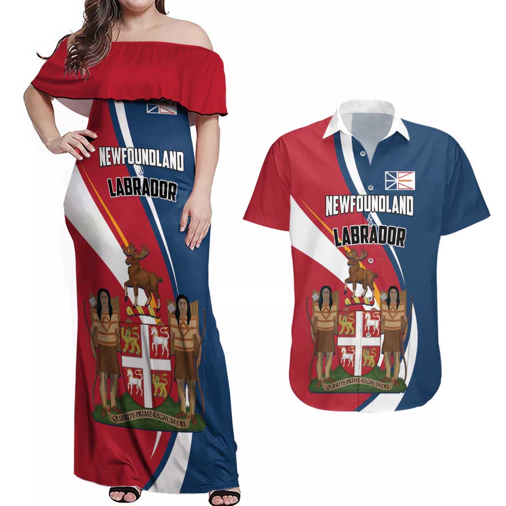 Personalized Canada Newfoundland and Labrador Province Couples Matching Off Shoulder Maxi Dress and Hawaiian Shirt Quaerite prime regnum Dei