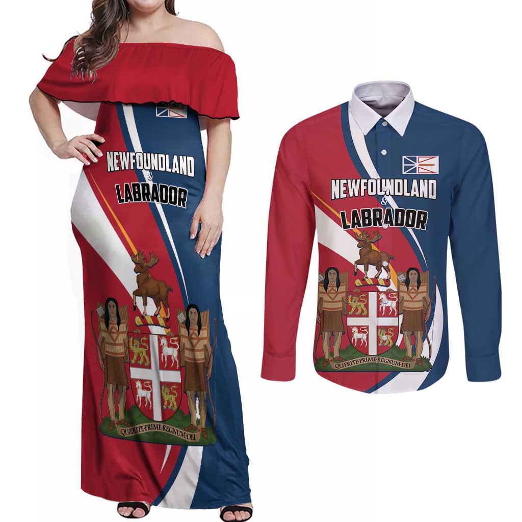 Personalized Canada Newfoundland and Labrador Province Couples Matching Off Shoulder Maxi Dress and Long Sleeve Button Shirt Quaerite prime regnum Dei