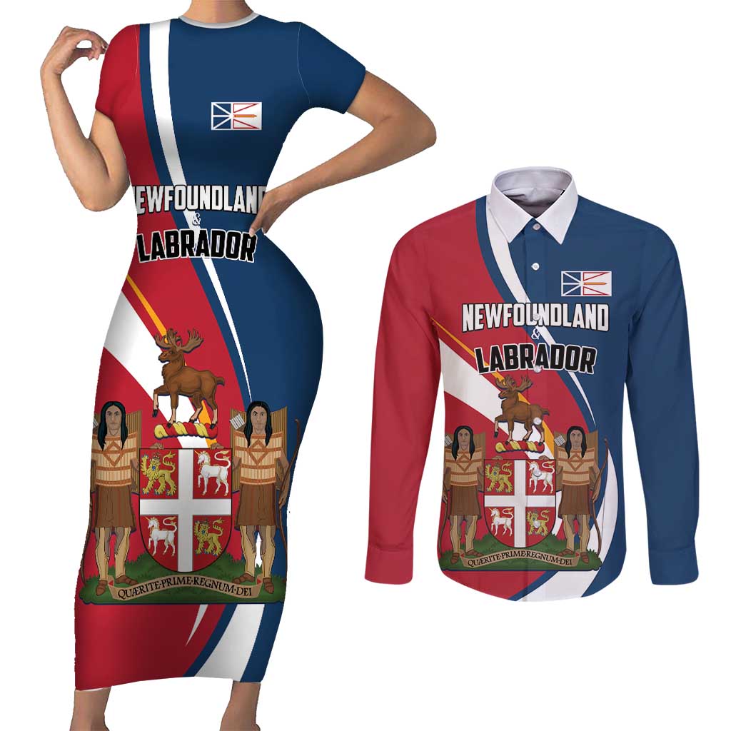 Personalized Canada Newfoundland and Labrador Province Couples Matching Short Sleeve Bodycon Dress and Long Sleeve Button Shirt Quaerite prime regnum Dei