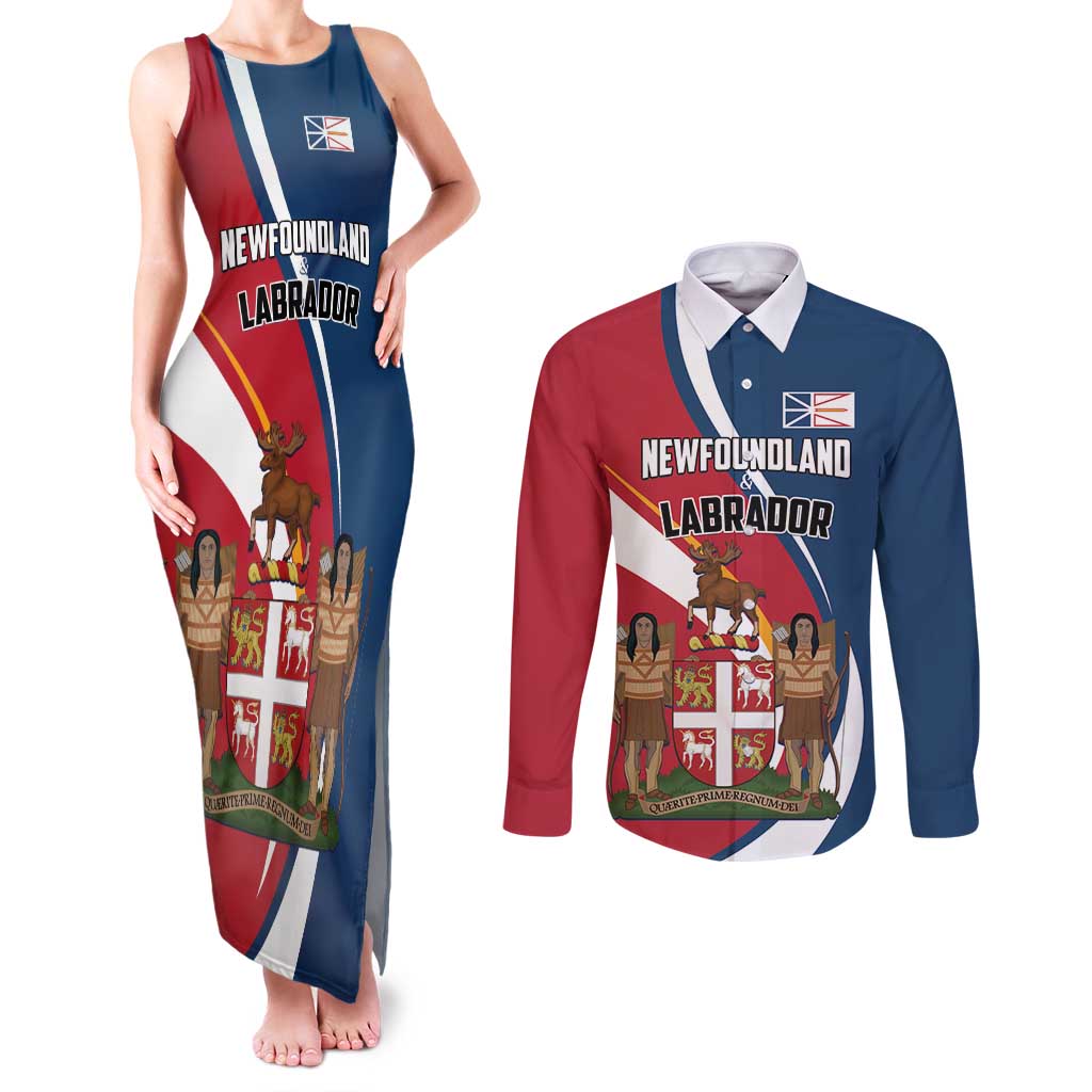 Personalized Canada Newfoundland and Labrador Province Couples Matching Tank Maxi Dress and Long Sleeve Button Shirt Quaerite prime regnum Dei