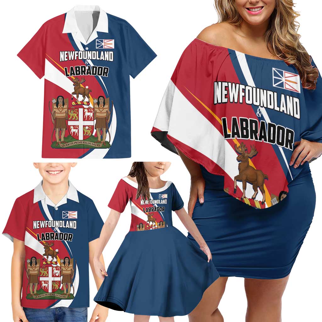 Personalized Canada Newfoundland and Labrador Province Family Matching Off Shoulder Short Dress and Hawaiian Shirt Quaerite prime regnum Dei