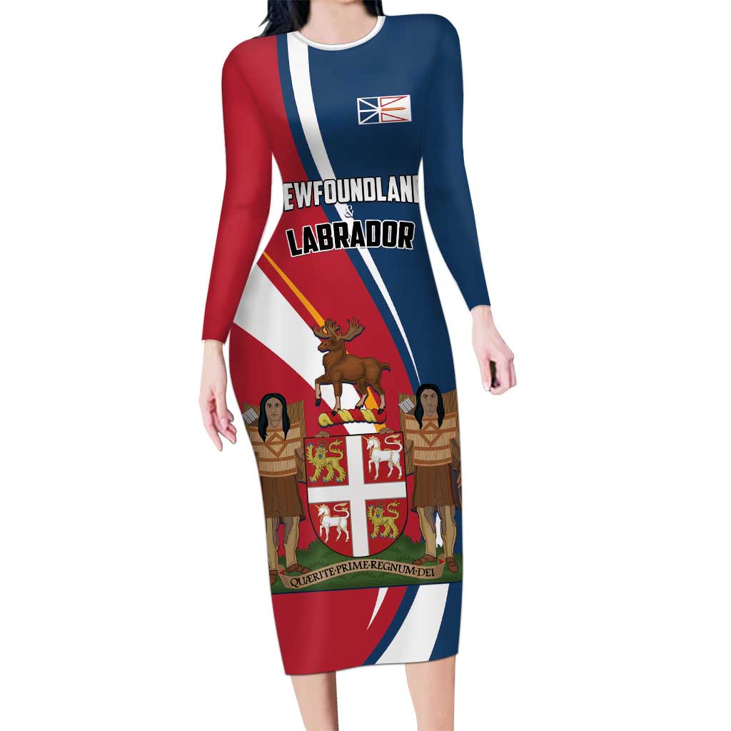 Personalized Canada Newfoundland and Labrador Province Long Sleeve Bodycon Dress Quaerite prime regnum Dei