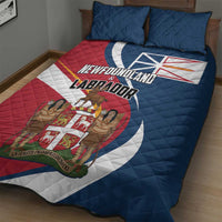 Newfoundland & Labrador quilt bed set with red-and-blue quilt, white stripe, 2 blue pillows