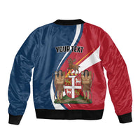 Blue and red bomber jacket with back 'YOUR TEXT' over Newfoundland crest graphic.