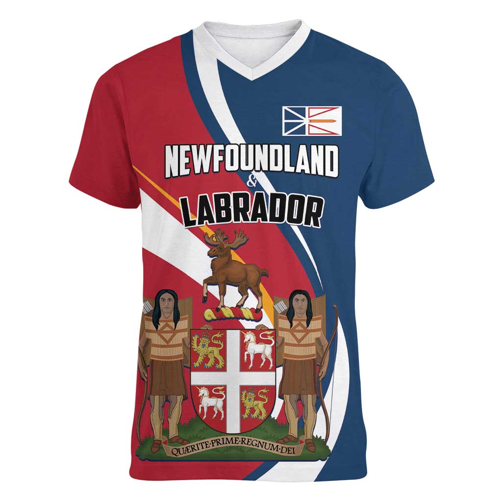 Personalized Canada Newfoundland and Labrador Province Women V-Neck T-Shirt Quaerite prime regnum Dei