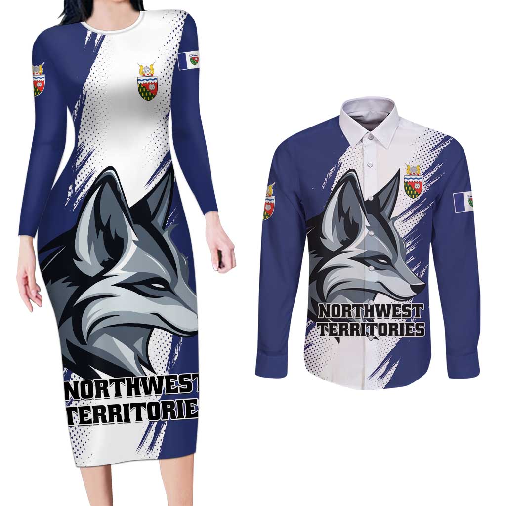 Personalized Canada Northwest Territories Couples Matching Long Sleeve Bodycon Dress and Long Sleeve Button Shirt White Fox Grunge Stylized