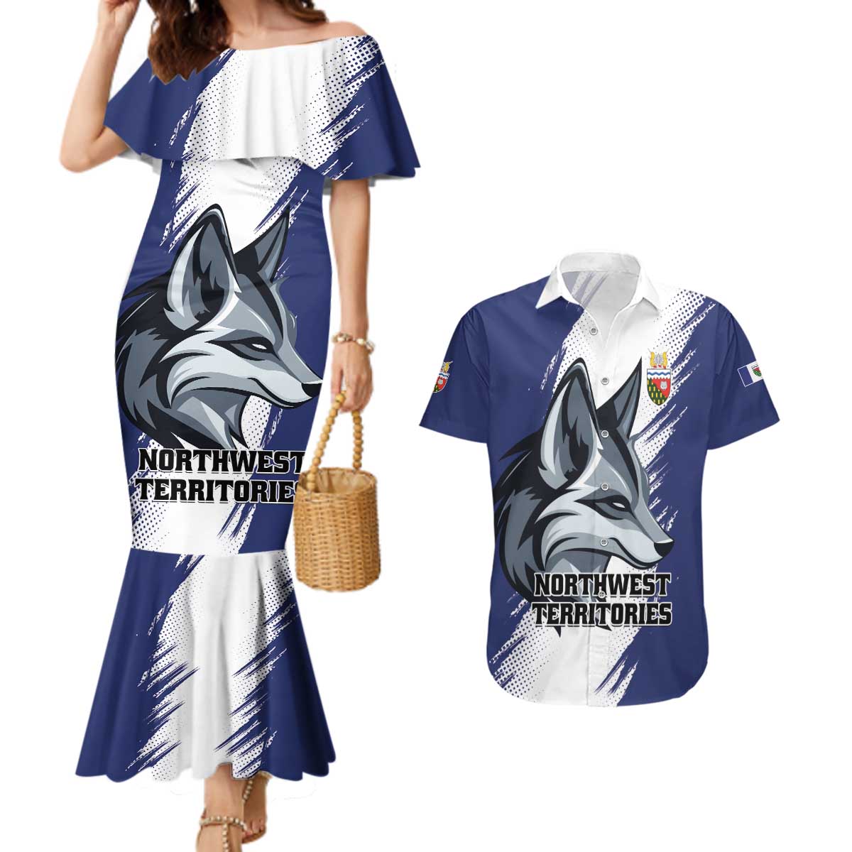 Personalized Canada Northwest Territories Couples Matching Mermaid Dress and Hawaiian Shirt White Fox Grunge Stylized