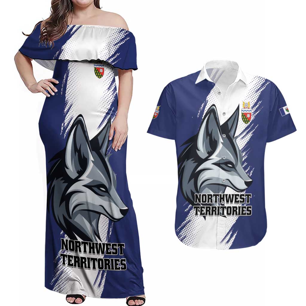 Personalized Canada Northwest Territories Couples Matching Off Shoulder Maxi Dress and Hawaiian Shirt White Fox Grunge Stylized