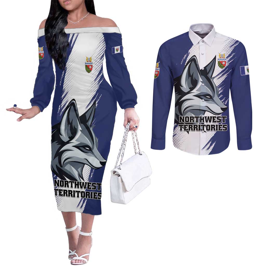 Personalized Canada Northwest Territories Couples Matching Off The Shoulder Long Sleeve Dress and Long Sleeve Button Shirt White Fox Grunge Stylized