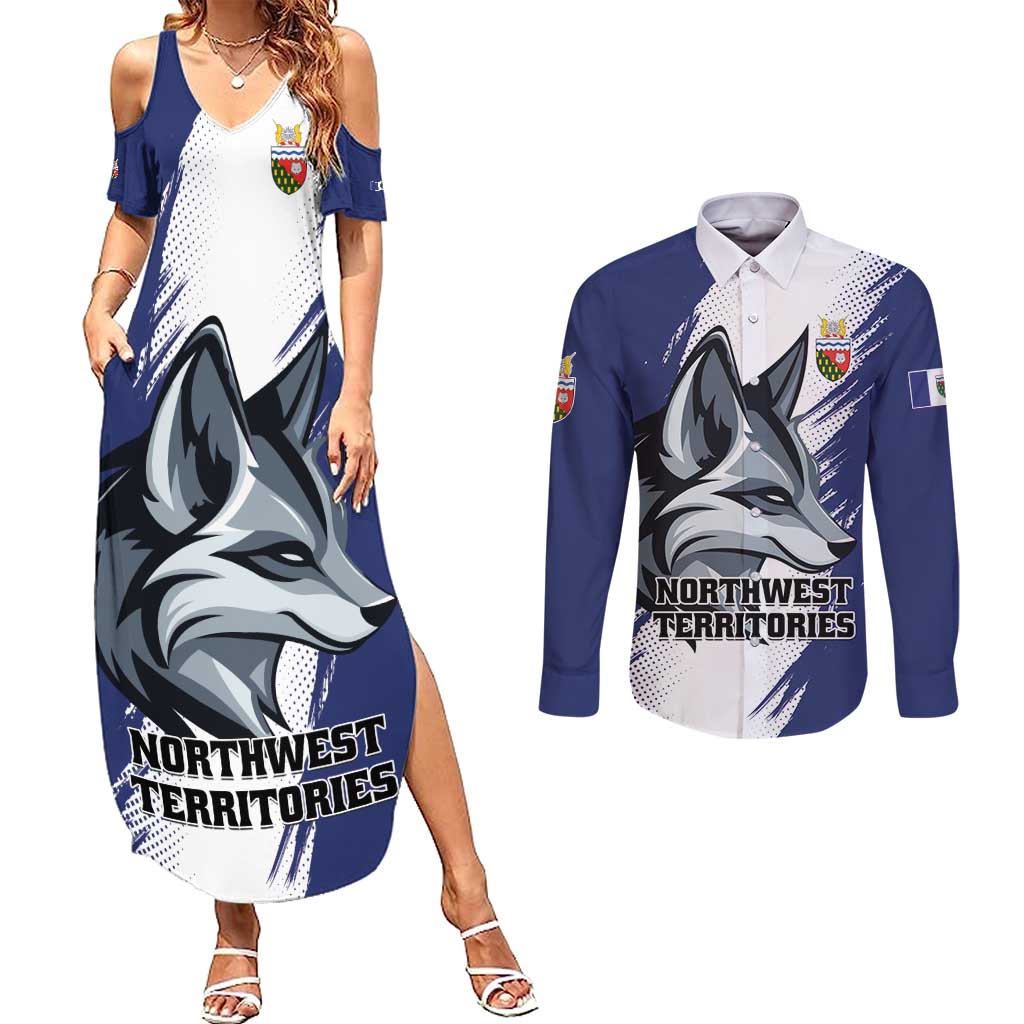 Personalized Canada Northwest Territories Couples Matching Summer Maxi Dress and Long Sleeve Button Shirt White Fox Grunge Stylized