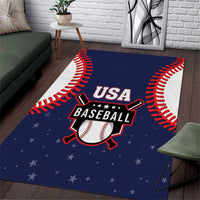 Blue rectangular baseball area rug with USA Baseball logo, red stitching and stars