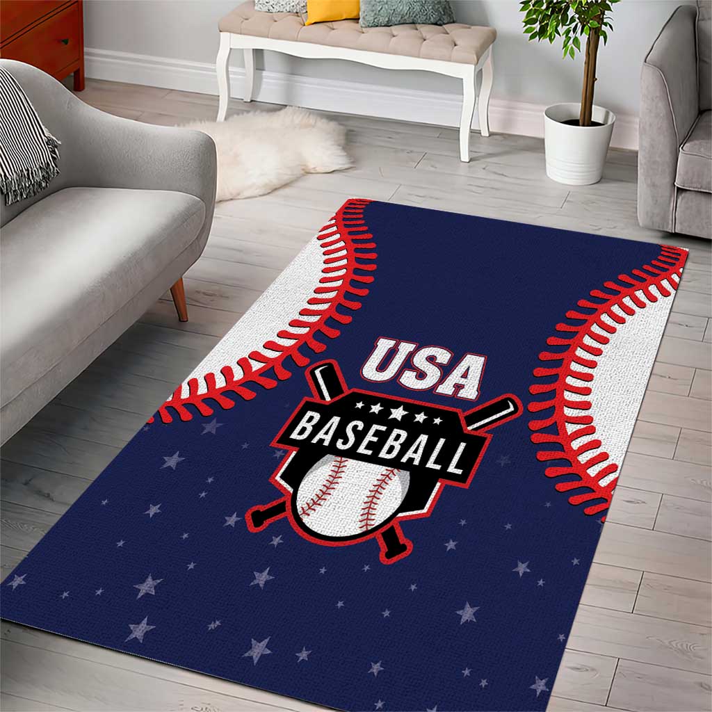 Blue baseball area rug featuring USA Baseball emblem with red baseball seams and stars