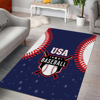 Blue baseball area rug featuring USA Baseball emblem with red baseball seams and stars