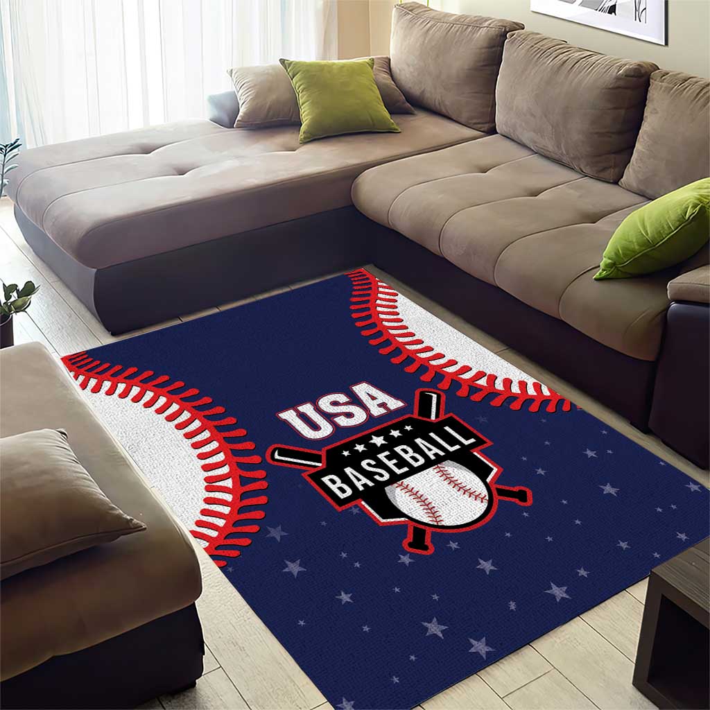 Blue baseball area rug with USA Baseball patch and red stitched baseball arcs on stars