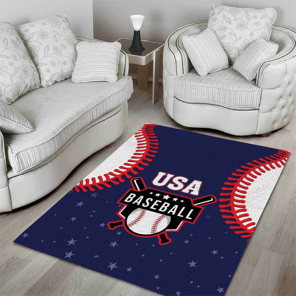 Blue rectangular baseball area rug with USA Baseball emblem and red seam pattern