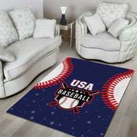 Blue rectangular baseball area rug with USA Baseball emblem and red seam pattern