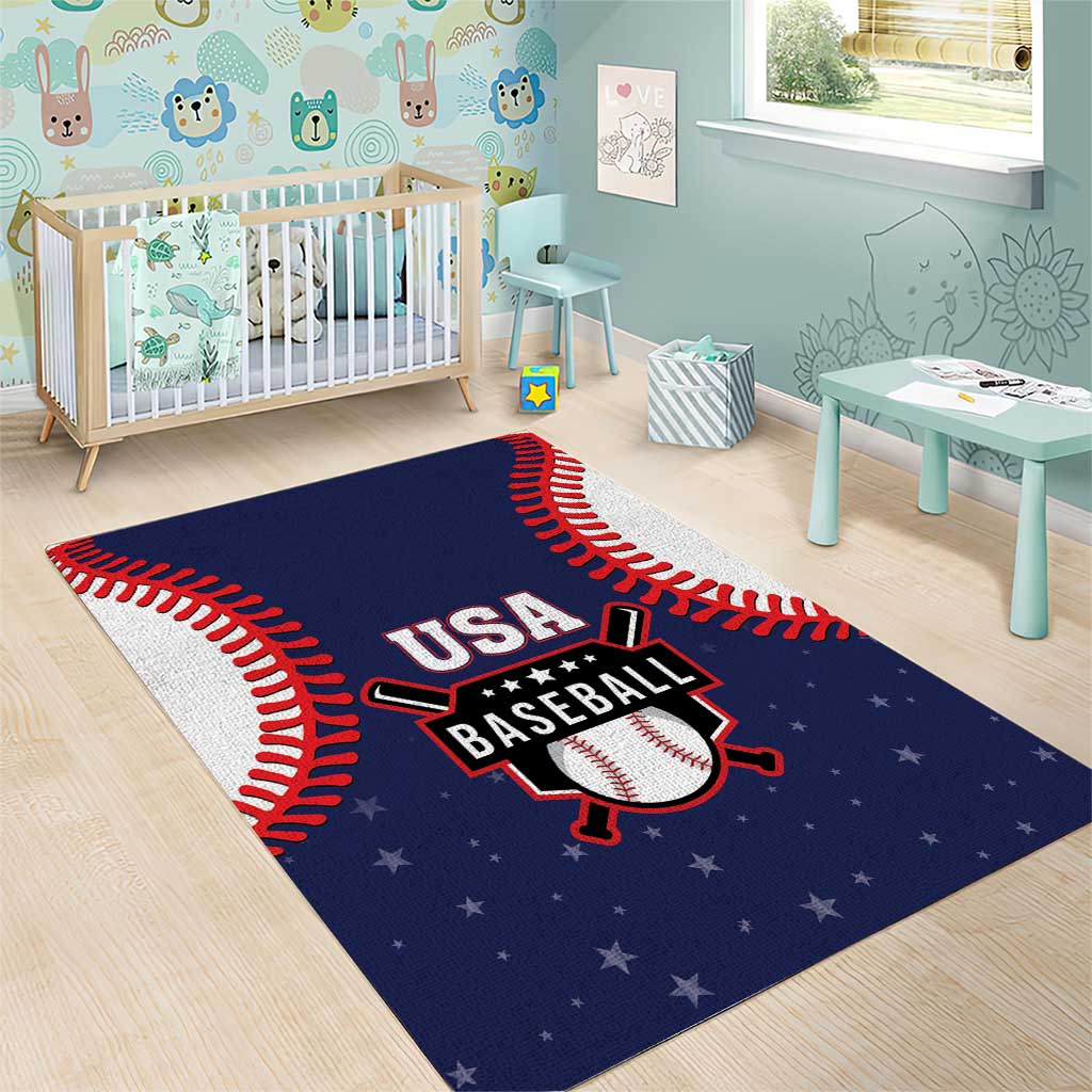 Blue baseball area rug with USA Baseball logo, red stitching, and starry background