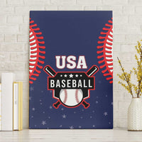 Blue canvas wall art featuring a USA Baseball emblem with red baseball stitch detail.