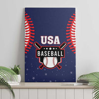Blue USA Baseball canvas wall art with red baseball stitches and star pattern border.