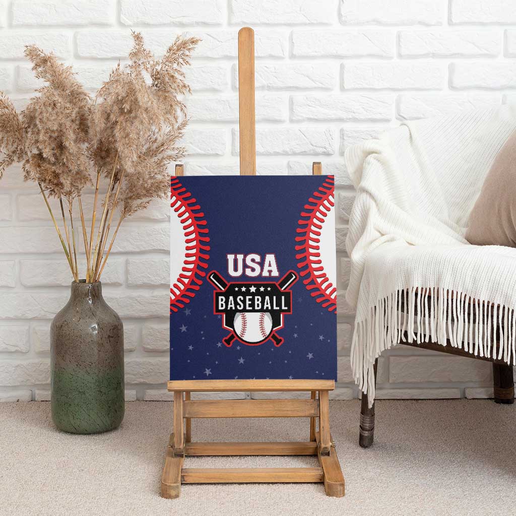 Blue USA Baseball canvas wall art with red stitch accents and centered baseball graphic.
