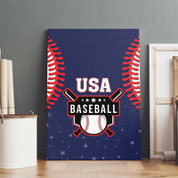 Blue canvas wall art with USA Baseball logo, red stitches on both sides.