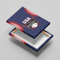 Blue USA Baseball canvas wall art with emblem and red stitch trim, side angle view.
