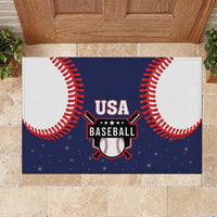 USA baseball themed rubber doormat with red stitching and navy star pattern