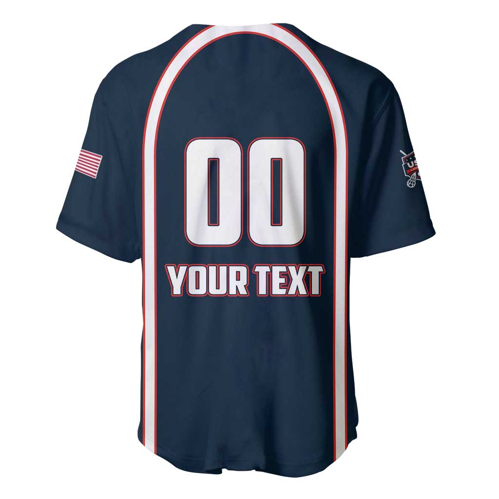 Back view blue lacrosse jersey with red-and-white trim, 00 and YOUR TEXT