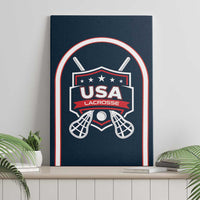 Blue canvas wall art with USA Lacrosse emblem and arched red-and-white border