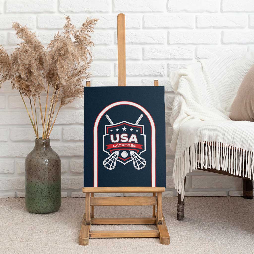 Blue canvas wall art on easel showing USA Lacrosse logo with red and white arch border