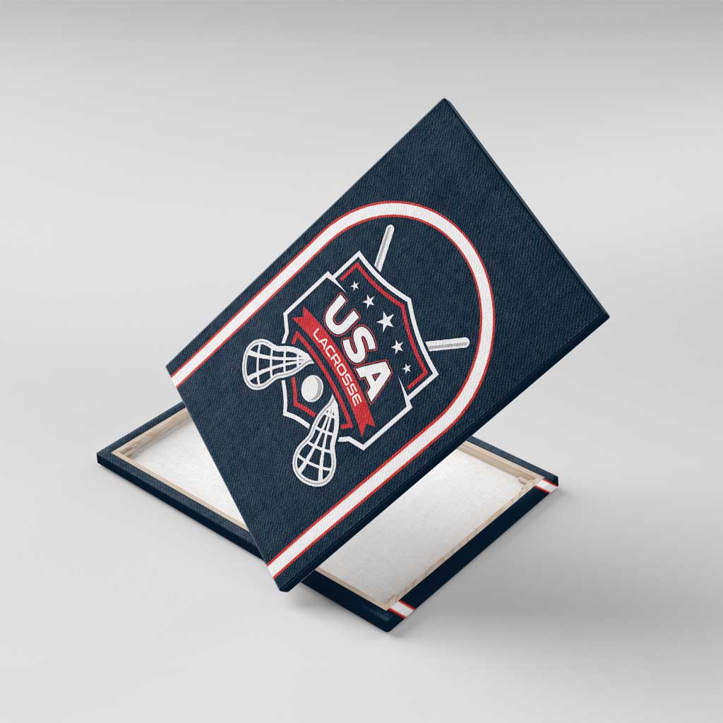 Blue canvas wall art angled view with USA Lacrosse emblem and red-white arch border