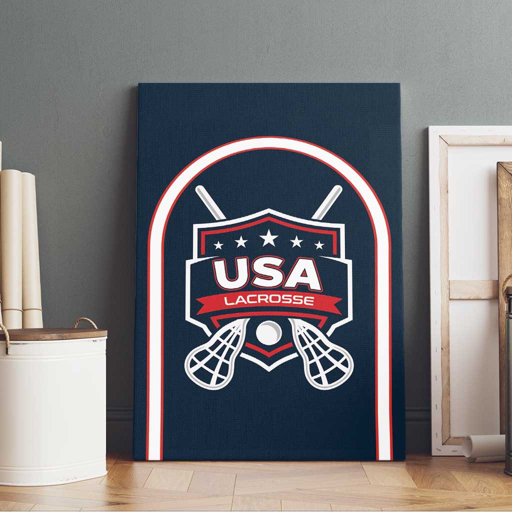 Blue canvas wall art front view with USA Lacrosse logo and red-and-white arch border