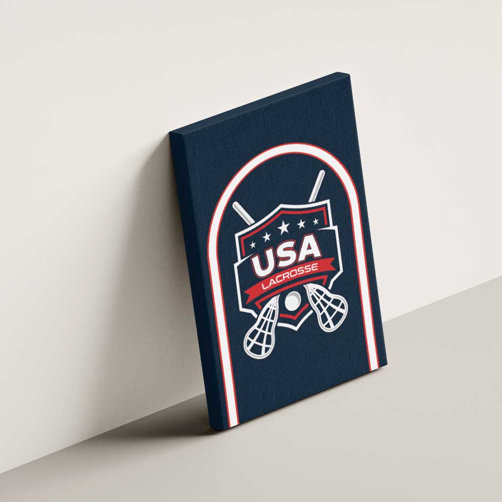 Blue canvas wall art with USA Lacrosse emblem, arched red-and-white border on wall