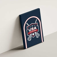 Blue canvas wall art with USA Lacrosse emblem, arched red-and-white border on wall