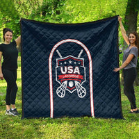 Navy blue lacrosse quilt blanket featuring USA Lacrosse shield logo and mesh goal design