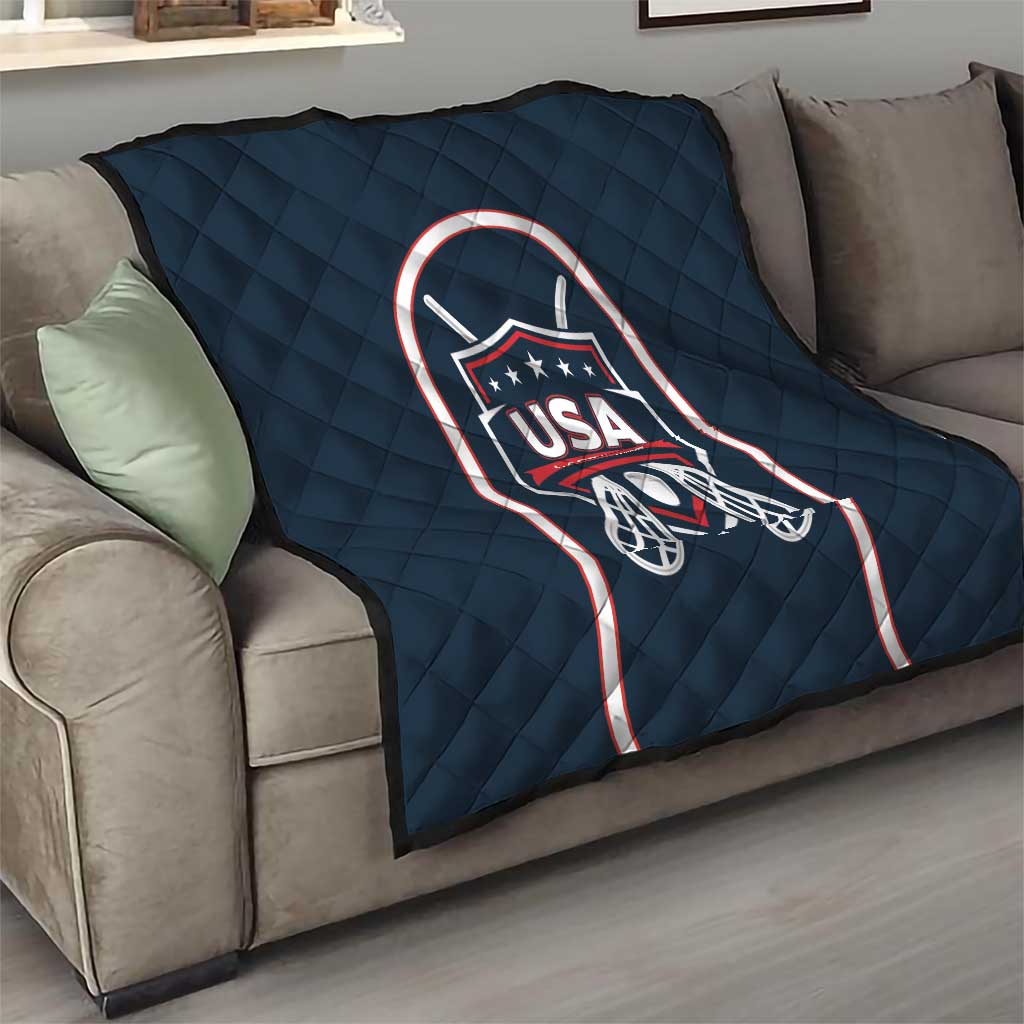 Navy blue lacrosse quilt throw blanket with USA Lacrosse logo and red white outline